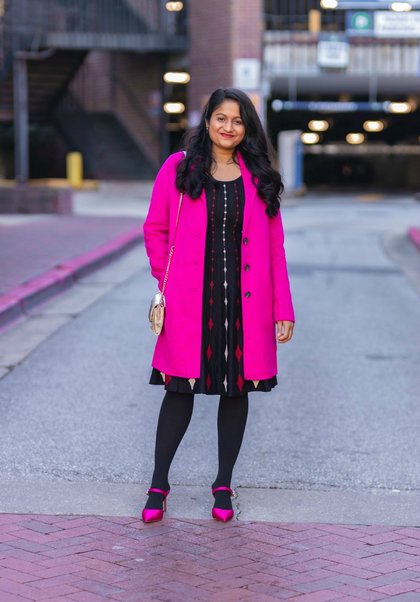 Wearing Banana Republic topcoat in Hit pinkDANNY AND NICOLE diamond sweater dressFuchsia Pink Satin pumps Rebecca minkoff Edie Chain Wallet4 scaled