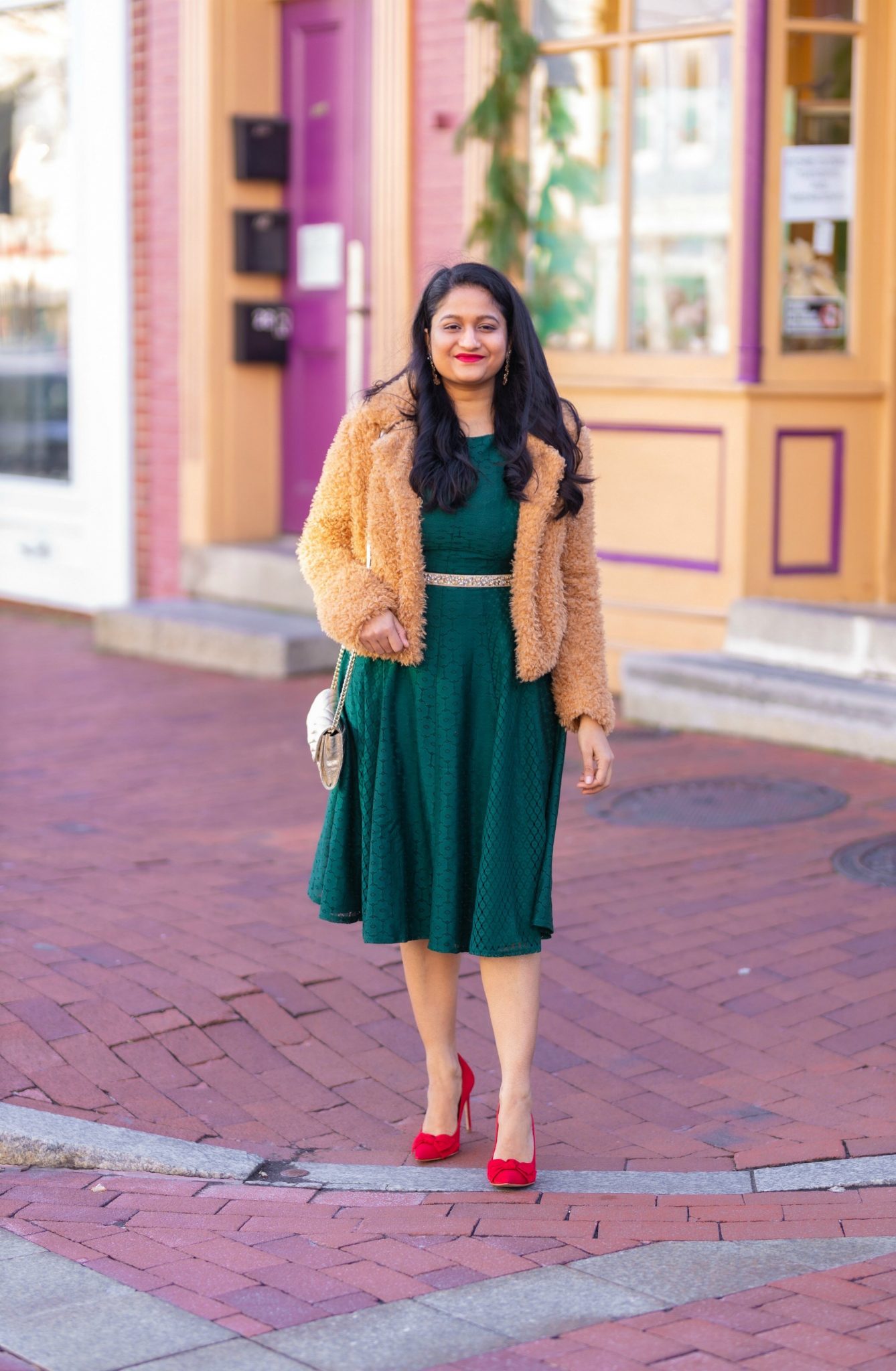 wearing Danny Nicole green Lace Floral Fit Flare Dress blanknyc faux fur teddy coatRhinestone Belt9 scaled