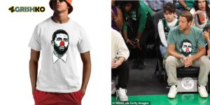 Dave Portnoy Kyrie Clown Shirt Dave Portnoy taunts Kyrie Irving with a CLOWN t shirt of the NBA star's face as he sits courtside for Boston Celtics vs Dallas Mavericks