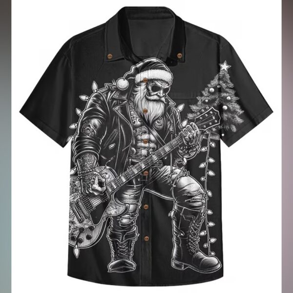 Black Mens Music Santa Claus Casual Shirt