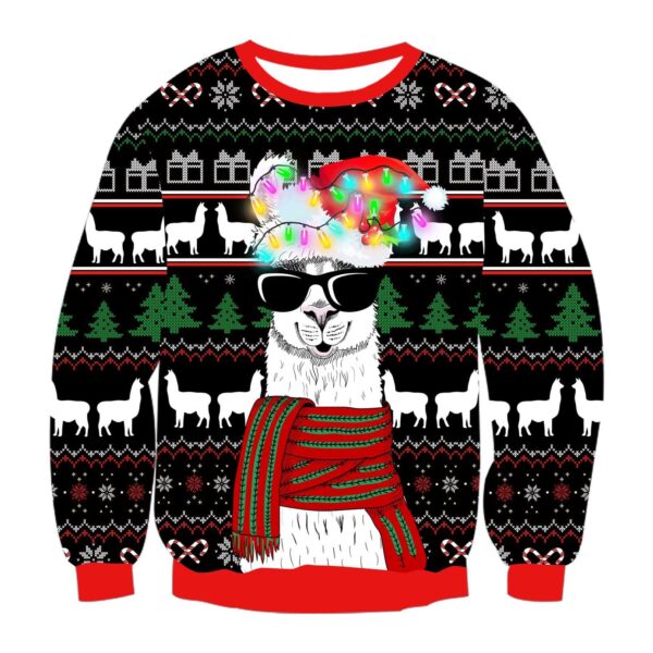 Bulbs Llama With Glasses Print Crew Neck Ugly Christmas Sweatshirt