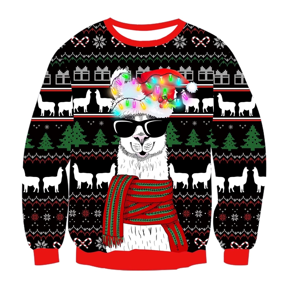 Bulbs Llama With Glasses Print Crew Neck Ugly Christmas Sweatshirt 19 11zon