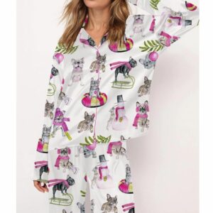 Christmas Skiing French Bulldog Satin Pajama Set 1