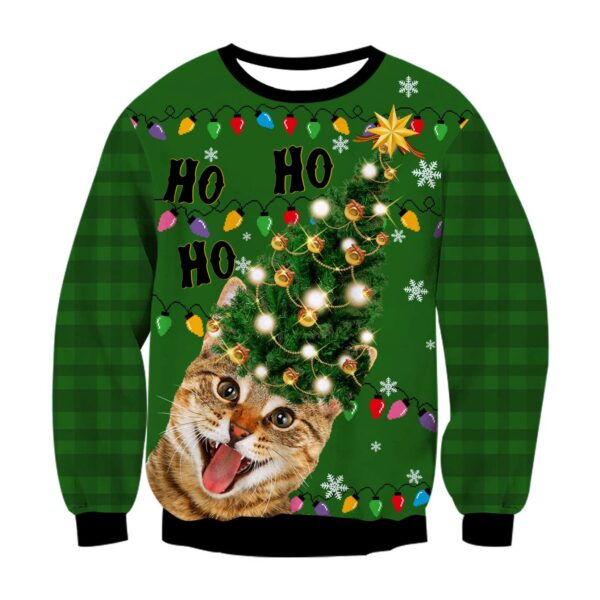 Christmas Tree Cat Print Crew Neck Ugly Christmas Sweatshirt