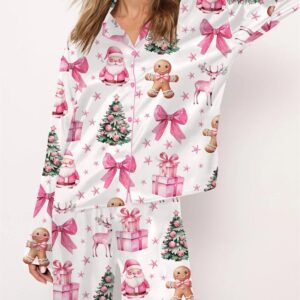 Coquette Pink Christmas Satin Pajama Set 1