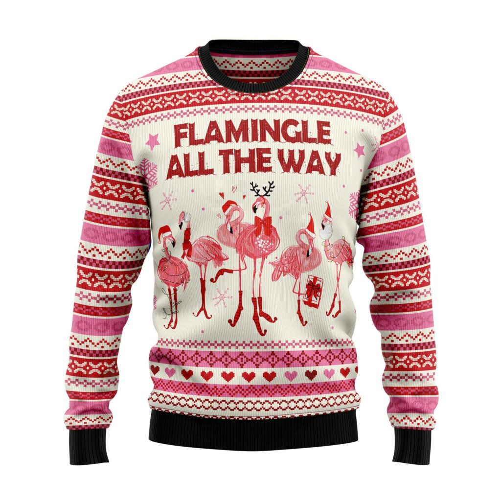 Flamingo Flamingle All The Ways Print Crew Neck Ugly Christmas Sweatshirt