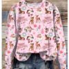 Vintage Pink Christmas Santa Holiday Print Print Pullover Sweatshirt