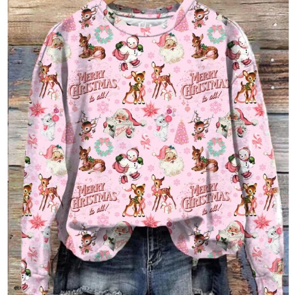 Vintage Pink Christmas Santa Holiday Print Print Pullover Sweatshirt