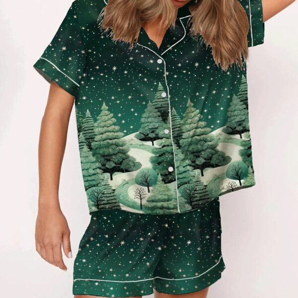 Womens Christmas Forest Snow Scene Satin Pajama Set