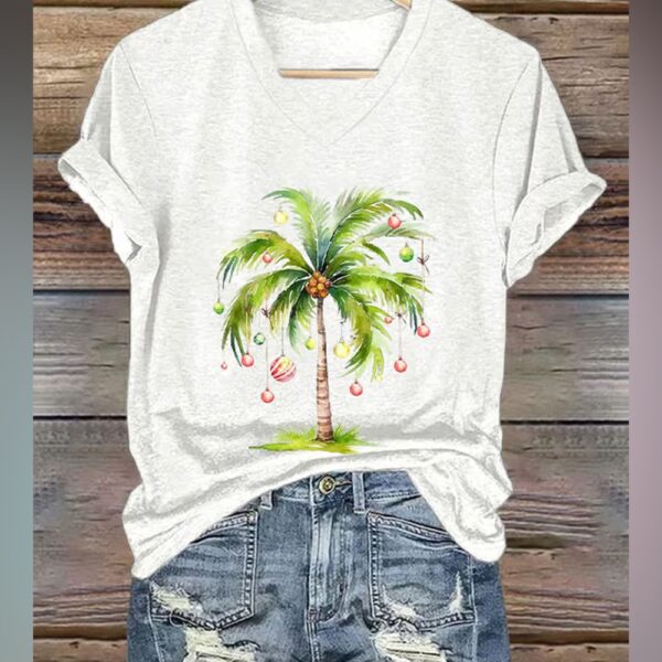 Womens Christmas Palm Tree Print T Shirt 1