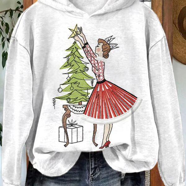 Womens Retro Girl and Christmas Tree Hoodie