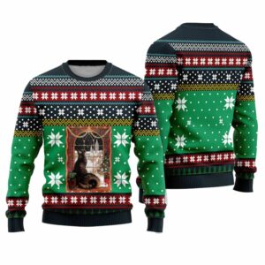 Cat Christmas Snow Window Ugly Christmas Sweater 1 1