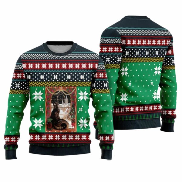 Cat Christmas Snow Window Ugly Christmas Sweater 1 2