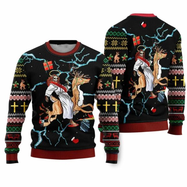 Christian Riding Reindeer Black Ugly Christmas Sweater 1 2