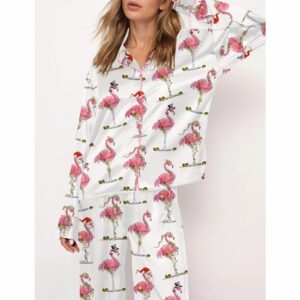 Christmas Flamingo Martini Satin Pajama Set For Women 1