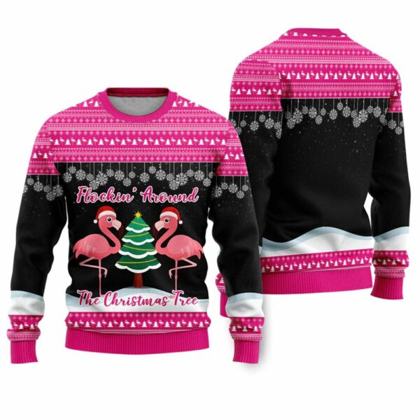 Flamingo Flocking Around The Christmas Tree Ugly Christmas Sweater 1 1