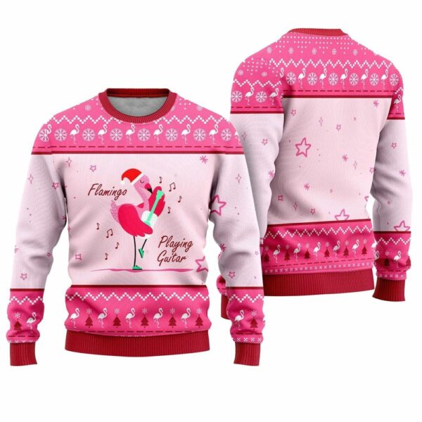 Flamingo Playing Guitar Ugly Christmas Sweater 1 2