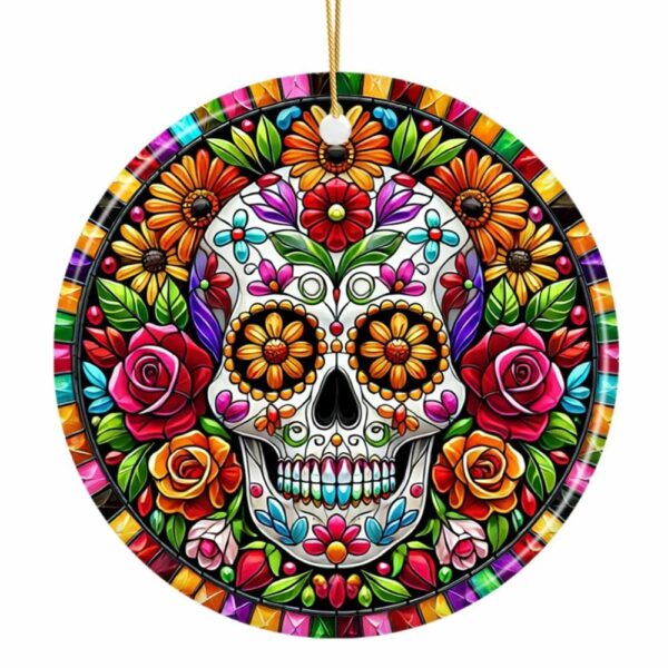 Floral Celebration Sugar Skull Stained Glass Style Ornament