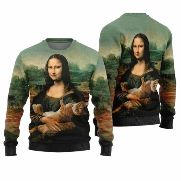 Mona Lisa Cat Ugly Christmas Sweater 1 2