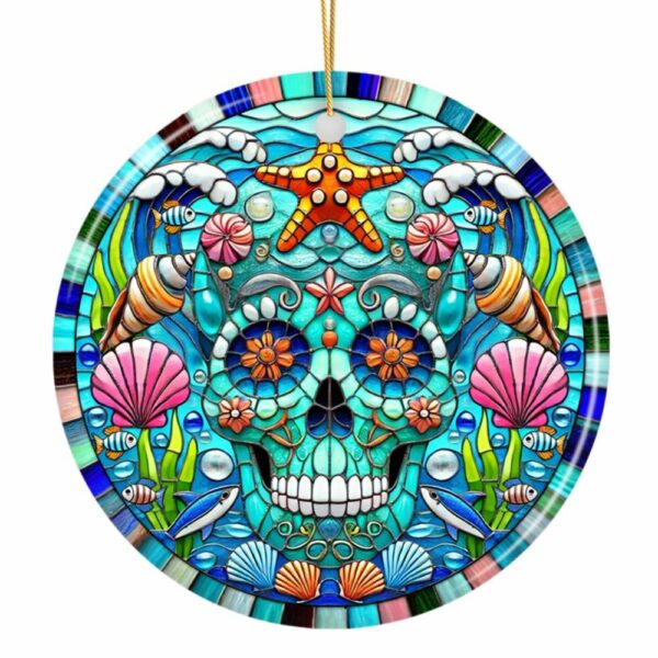 Oceanic Oasis Sugar Skull Stained Glass Style Ornament