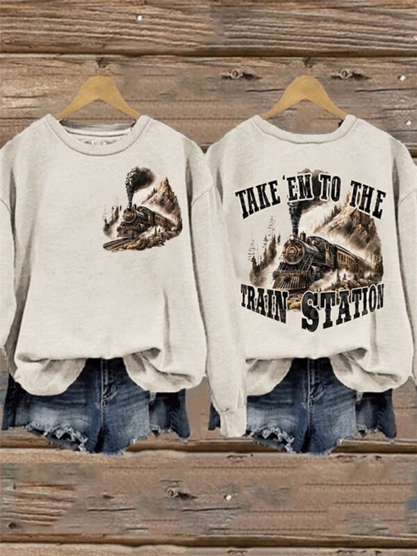 Womens Take'em To The Train Station Print Washed Sweatshirt