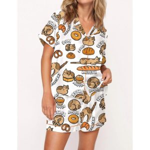 Cat Bread Satin Pajama Set For Women 1