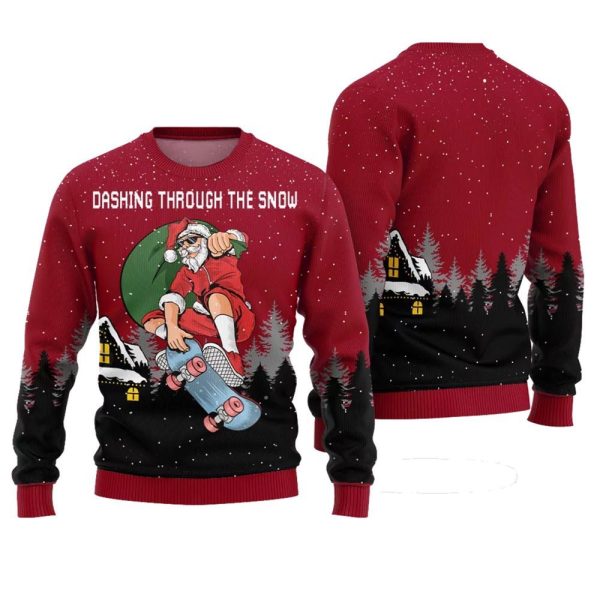 Dashing Through the Snow Skateboarding Santa Ugly Christmas Sweater 1 1