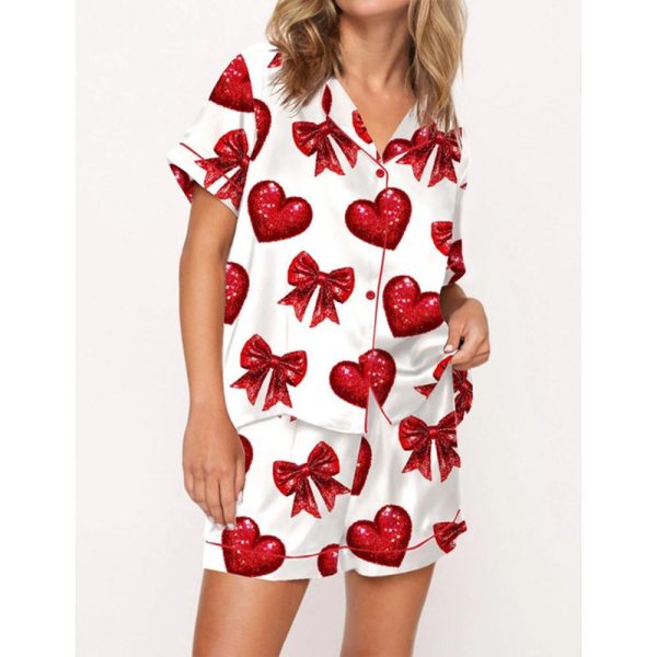 Glitter Heart Valentine Satin Pajama Set For Women 1