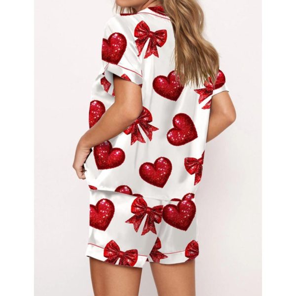 Glitter Heart Valentine Satin Pajama Set For Women 2