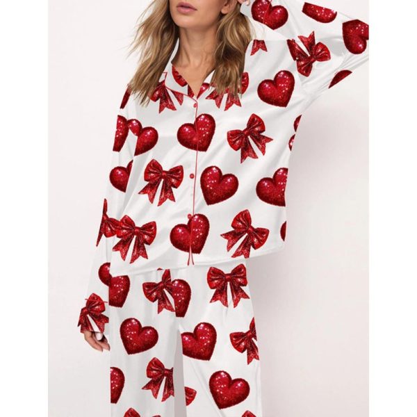 Glitter Heart Valentine Satin Pajama Set For Women 3