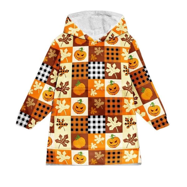 Halloween Leaves Fall Plaid Blanket Hoodie