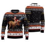 Meowry Christmas Cat Riding Dinosaur Ugly Sweater