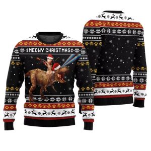 Meowry Christmas Cat Riding Dinosaur Ugly Sweater 1 1