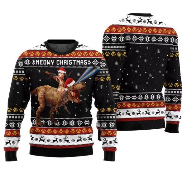 Meowry Christmas Cat Riding Dinosaur Ugly Sweater 1 2