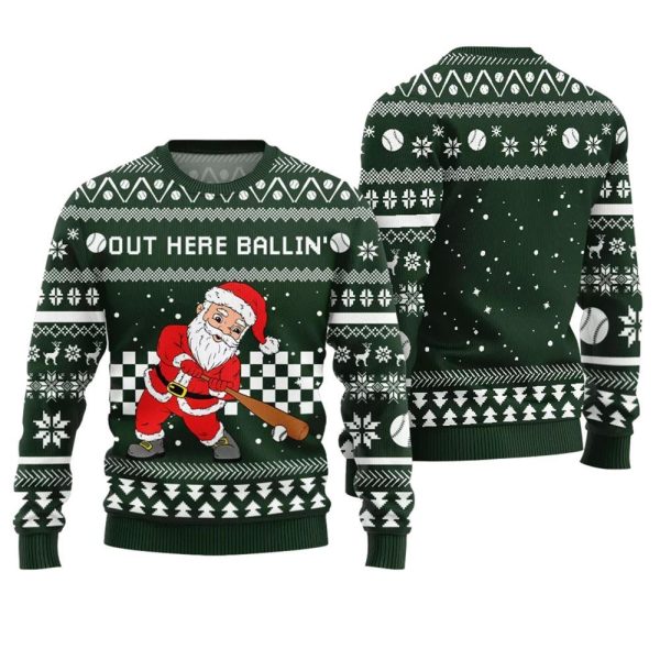 Out Here Ballin Santa Baseball Ugly Holiday Sweater 1 1