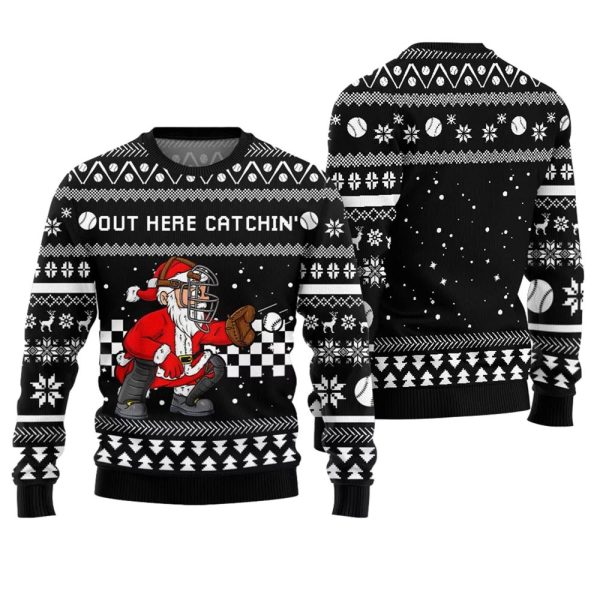 Out Here Catchin Santa Baseball Ugly Christmas Sweater 1 1