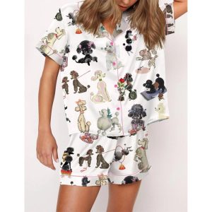 Retro Poodles Dogs Satin Pajama Set For Women 1