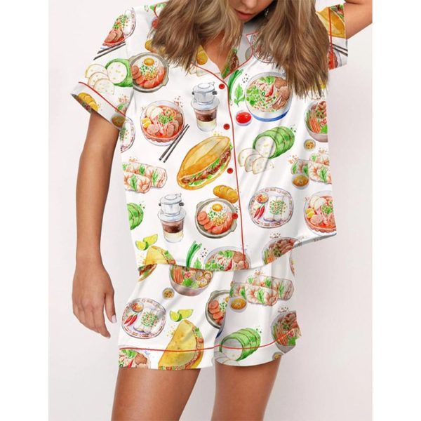 Watercolor Food Satin Pajama Set For Women 3