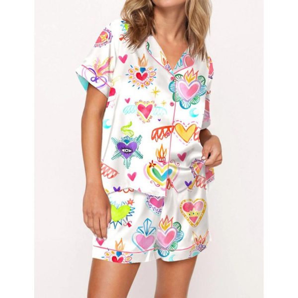 Watercolor Sacred Heart Satin Pajama Set For Women 1