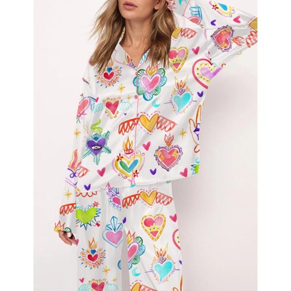 Watercolor Sacred Heart Satin Pajama Set For Women 3