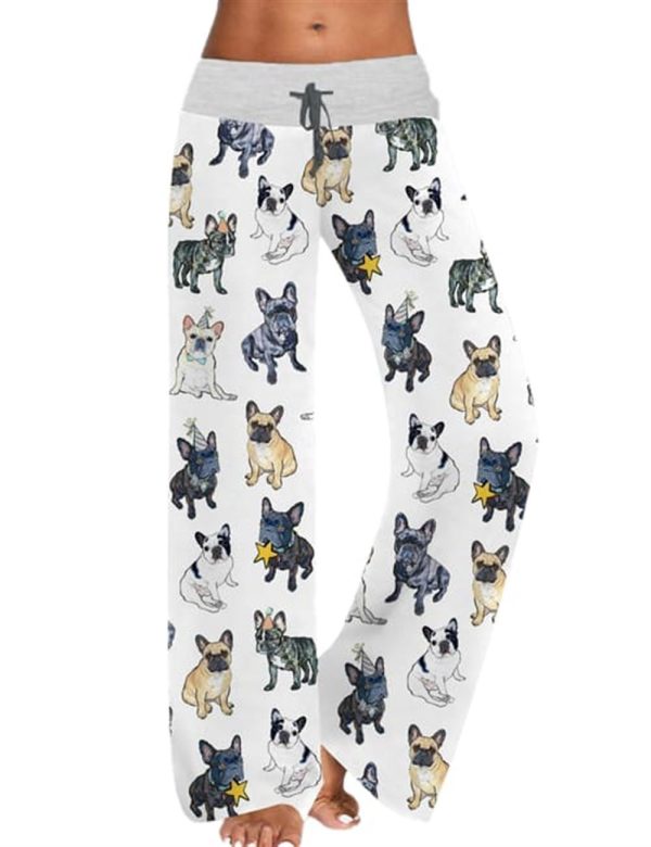 French Bulldog Contrast Wide Leg Pants For Women 2