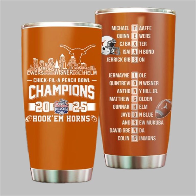 Longhorns Chick Fil A Peach Bowl Champions 2025 Hook'Em Horns Tumbler