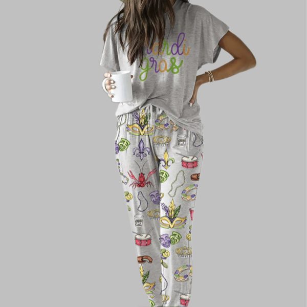 Mardi Gras Beads King Cake Casual Pajama Set For Women 1